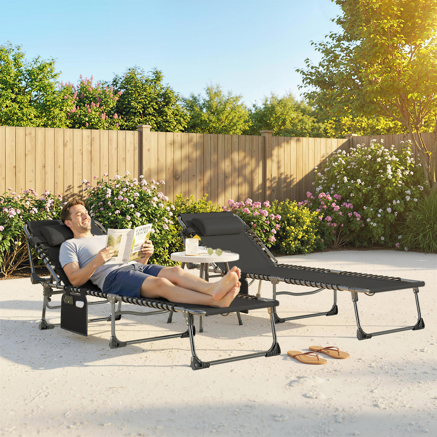 Outsunny Set mit 2 klappbaren Garten-Sonnenliegen aus Textilene in Schwarz, 5-stufig verstellbar mit Kopfkissen und Seitentaschen, B/T/H: 57 x 200 x 38 cm - Bild 2