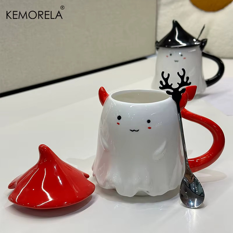KEMORELA Keramik-Kaffeetasse mit Halloween-Motiv, Deckel und Löffel, 470 ml, Schwarz-Weiß - Bild 5