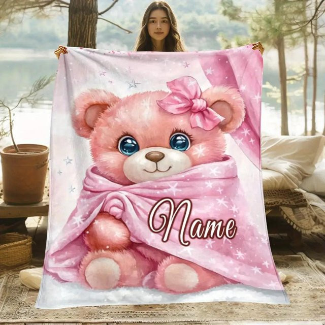 JMG Household Supplies Rosa Teddybär-Decke aus Fleece mit Schleife und personalisierbarem Namen, Breite: 173 cm, Tiefe: 218 cm - Bild 1