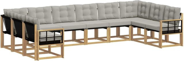 vidaXL Outdoor-Sofagarnitur in L-Form aus Akazienholz mit Textilene und Kissen, Weiß-Hellgrau - Bild 1