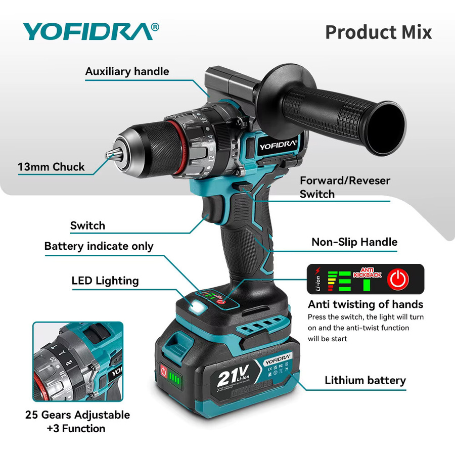 YOFIDRA Bürstenloser Elektro-Schlagbohrschrauber mit 20+3 Drehmomentstufen und Kompatibilität für Makita 21V Akku - Bild 2