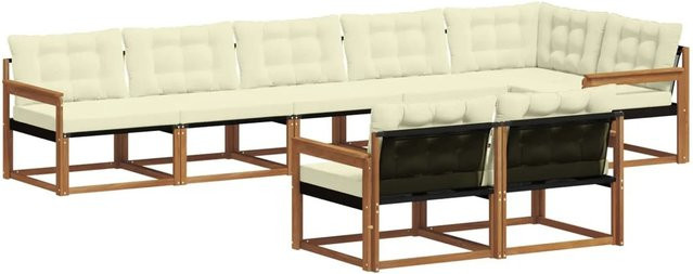 vidaXL Outdoor-Sofagarnitur 8-teilig L-Form aus Akazienholz in Natur mit Kissen in Beige und Weiß - Bild 1