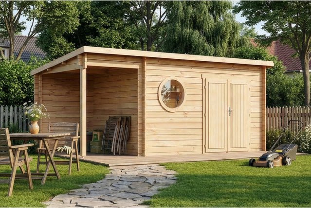 Alpholz Gartenhaus Maria Rondo C mit Pultdach, naturbelassen, B/T: 550 x 270 cm, 34 mm Wandstärke - Bild 1