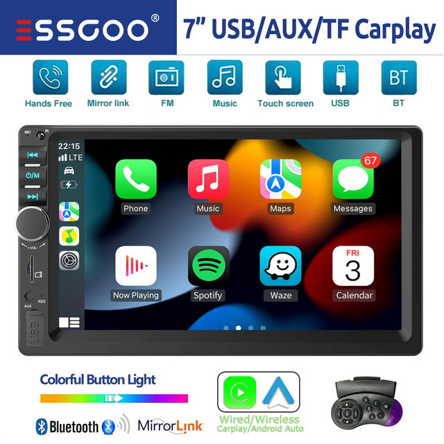 ESSGOO 7-Zoll Doppel-DIN-Autoradio mit Carplay, Android Auto, Touchscreen, Bluetooth, USB-A und AUX in Schwarz - Bild 1