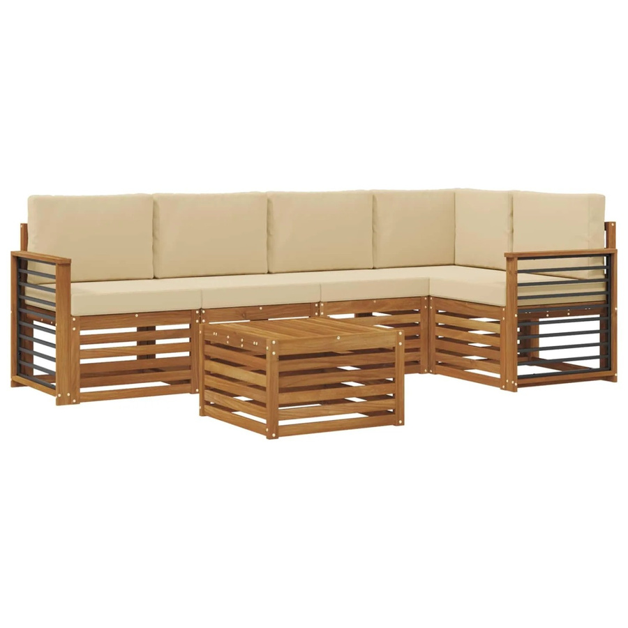 vidaXL Sofagarnitur 6-teilig L-Form aus Massivholz Akazie in Natur und Beige mit Polsterung und Kissen - Bild 2