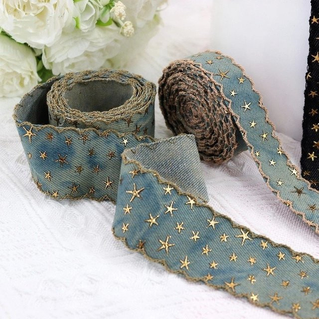 Denim-Stoffband mit goldfarbenem Sternmuster in Blau, Breite: 3,8 cm - Bild 1