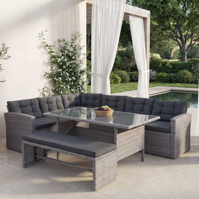 MCW Poly-Rattan Gartengarnitur MCW-A29 Lounge-Esstisch-Set in Grau mit Sofa, Bank und grauen Kissen - Bild 1