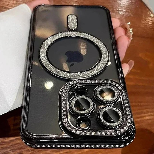 Yiran Bag Magnetische Glitzer Handyhülle mit Diamant-Design für iPhone 11 bis 16 Pro Max Plus, MagSafe kompatibel, Transparent oder Schwarz - Bild 1