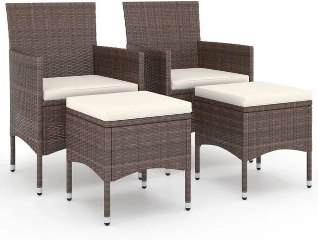Furnicato Gartenstuhl und Hocker Set aus PE-Rattan und Stahl in Braun mit cremeweißen Kissen, B/T/H: 53 x 58 x 84 cm - Bild 1