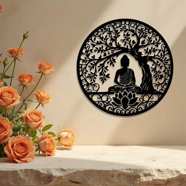 CIFBUY Buddha-Baum Metall-Wandkunst in Schwarz als wetterfeste Lotus-Skulptur für die spirituelle Gartendekoration - Bild 1