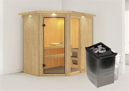 Karibu Sauna Paide 1 aus Fichtenholz mit 9 kW Saunaofen und integrierter Steuerung für 3 Personen, beige, B: 210 cm, T: 165 cm, H: 202 cm - Bild 1