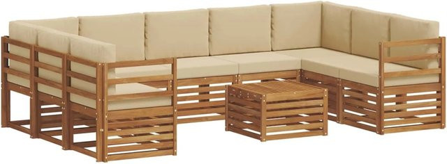 vidaXL Sofagarnitur aus Massivholz Akazie in U-Form, 10-teiliges Set in Natur und Beige mit wetterfesten Kissen - Bild 1