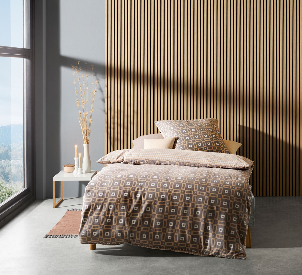 Fleuresse Aspen Biber Bettwäsche Karo Wende braun beige Baumwolle B/H: 155 x 220 cm mit Kissenbezug 80 x 80 cm - Bild 1