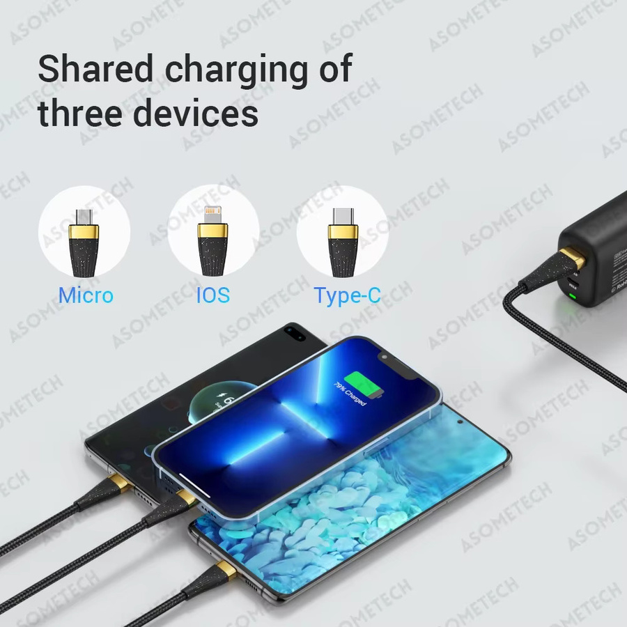 ASOMETECH 3-in-1 USB-Ladekabel mit 100 W und 6 A, Schwarz, kompatibel mit Micro-USB und USB-C für iPhone, Samsung und Huawei/Honor - Bild 4