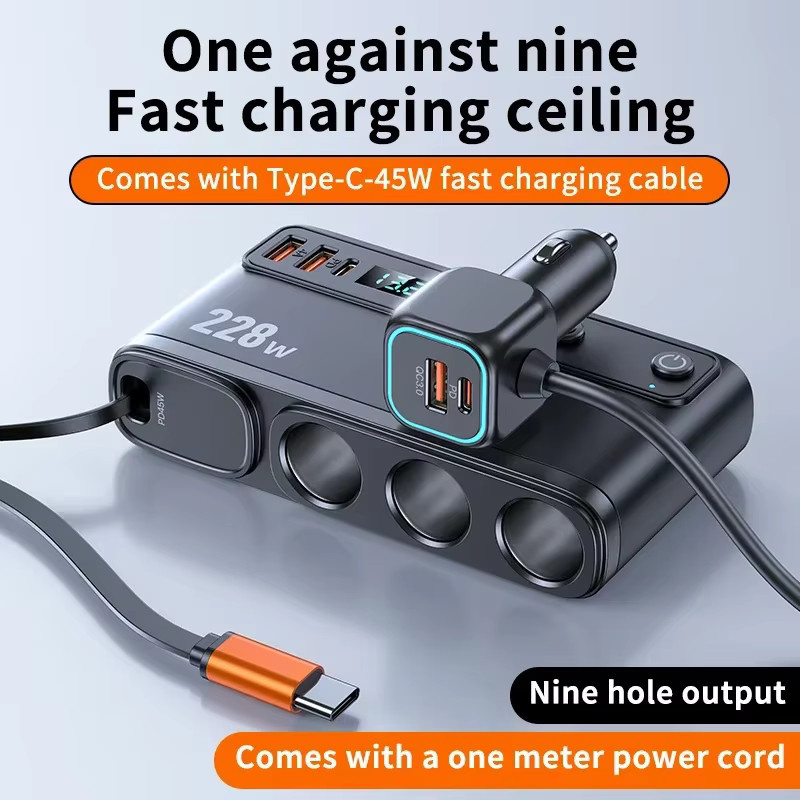 kebidumei 9 in 1 Auto Schnellladegerät Adapter mit 228 W, DC Zigarettenausgang, PD 3 Steckdose und unabhängigen Schaltern, Schwarz - Bild 3