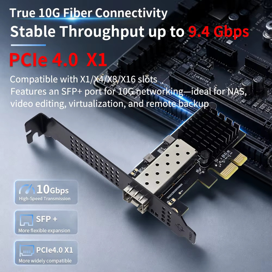 Lekuo 10G SFP+ Glasfaser-Netzwerkkarte PCIe 4.0 X1 mit RTL8127ATF Chip in Schwarz für NAS und Server - Bild 2
