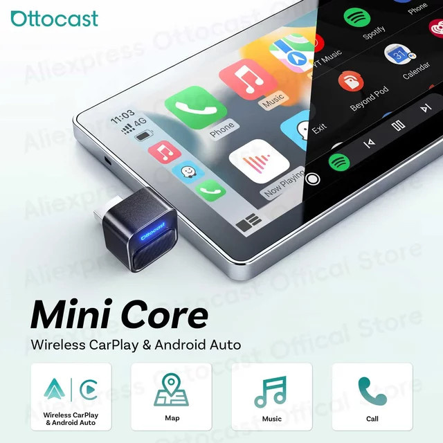 Ottocast Mini Core Wireless CarPlay und Android Auto Adapter 2 in 1 Dongle mit Smart Button in Schwarz für VW Toyota MG - Bild 1