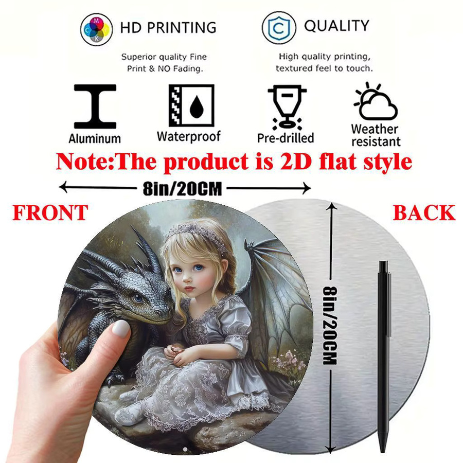 Rundes Aluminiumschild Potdemiel Fantasy Dragon and Girl Vintage Metallwandkunst Multicolour Durchmesser: 20,3 cm - Bild 2