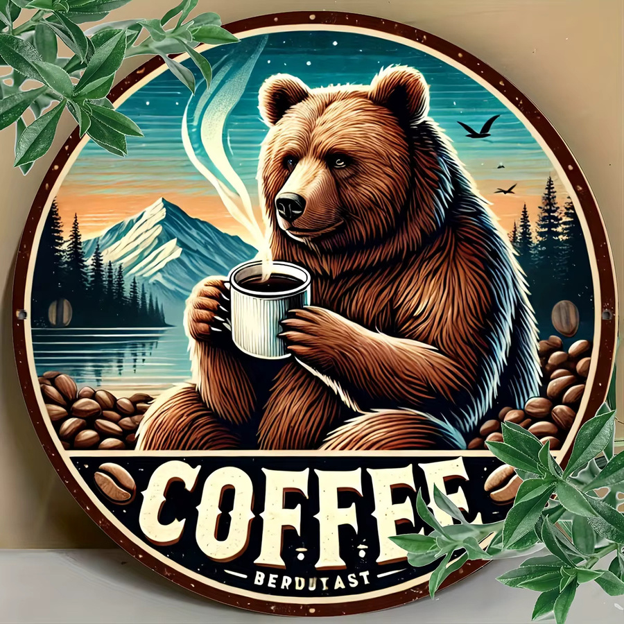 Potdemiel Vintage Black Bear Kaffeeschild aus Metall in Schwarz und Multicolour, rustikale runde Wandkunst für Café und Bar, Durchmesser: 20 cm - Bild 3