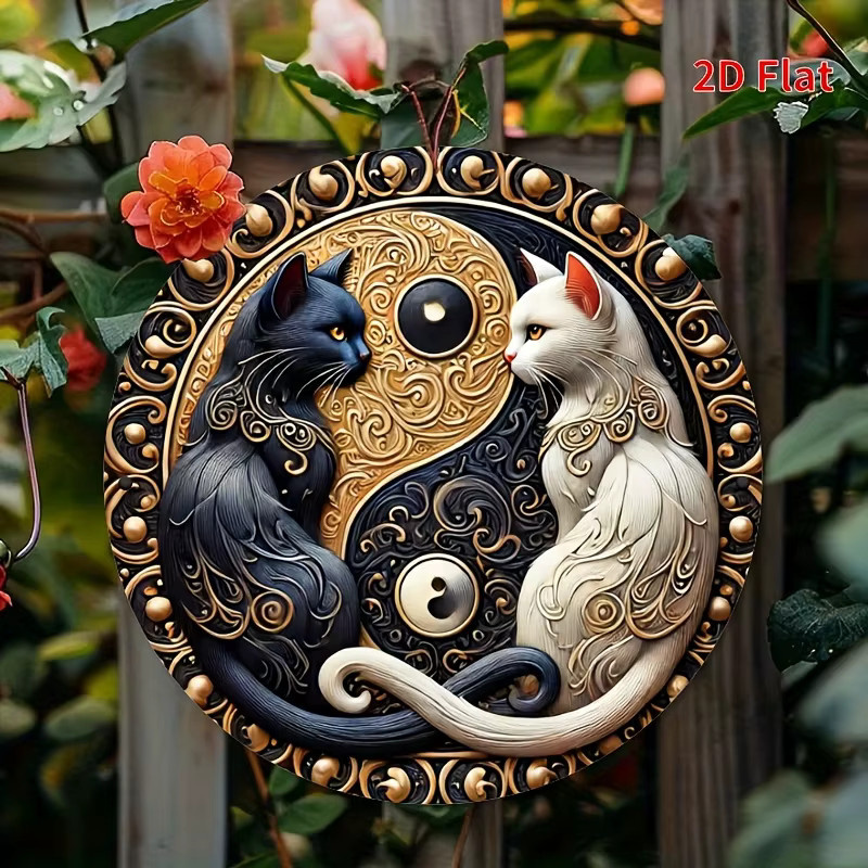 Potdemiel Rundes Aluminiumschild mit Katzenmotiv in Schwarz-Weiß, Rustikale Metall-Dekoration für Café und Restaurant, Durchmesser: 20 cm - Bild 3
