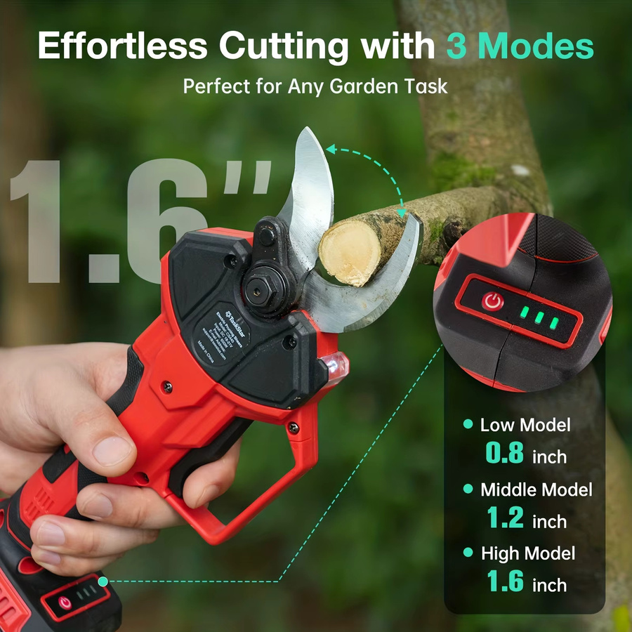 TaskStar Kabellose Elektrische Gartenschere mit 40mm Schneide, 3-Gang Einstellbar, Rot, inklusive 2 Akkus à 4,0Ah - Bild 2