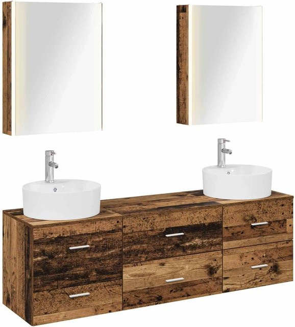 vidaXL Badezimmermöbel-Set 5-teilig aus Altholz und Glas in Braun mit LED-Beleuchtung und Spiegelschrank - Bild 1