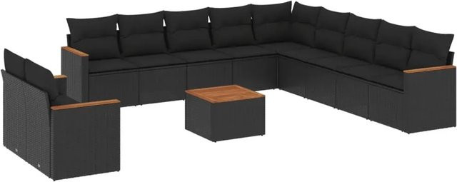 vidaXL 12-teilige Garten-Sofagarnitur aus Poly-Rattan und Akazienholz in Schwarz mit Kissen - Bild 1