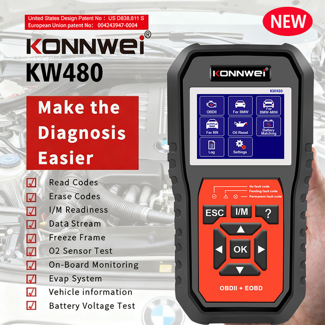 KONNWEI KW480 OBD2-Scanner Kfz-Codeleser mit Öl- und TPMS-Reset in Schwarz - Bild 1