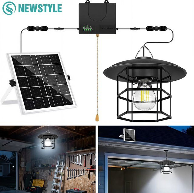 Solarbetriebene LED-Pendelleuchte im Industrial-Design für Garten, Balkon und Terrasse, IP65 wasserdicht, Schwarz, mit Kettenschalter und Batteriestandsanzeige - Bild 1