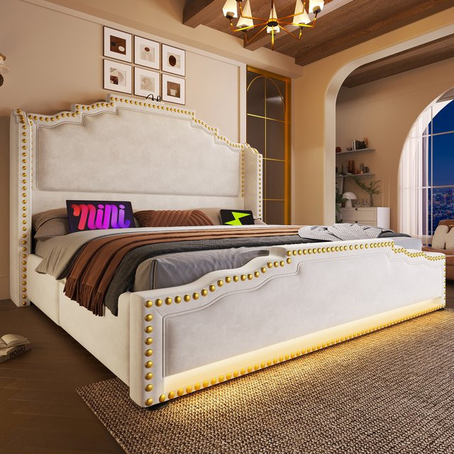 KOMHTOM Samt-Stauraumbett in Beige mit 4 Schubladen, LED-Beleuchtung und USB-C-Ladeanschluss, B/T/H: 140 x 200 cm, ohne Matratze - Bild 1