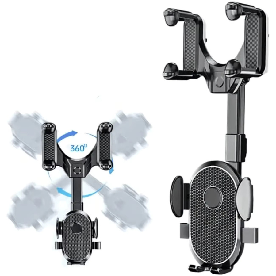 DUTRIEUX Rückspiegel-Handyhalterung fürs Auto mit 360 Grad drehbarem und teleskopierbarem Arm, universeller Clip-On-Halter für Smartphones, Schwarz - Bild 6