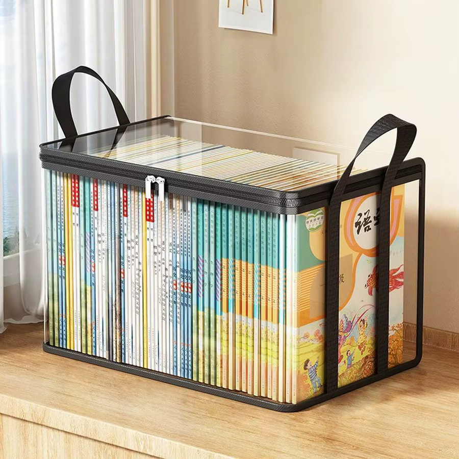 Transparente PVC-Aufbewahrungstasche mit Klappdeckel und Sichtfenster als rechteckiger Organizer für Spielzeug, Bastelartikel und Schulbedarf, B/T/H: 32,0 x 25,0 x 2,0 cm - Bild 5