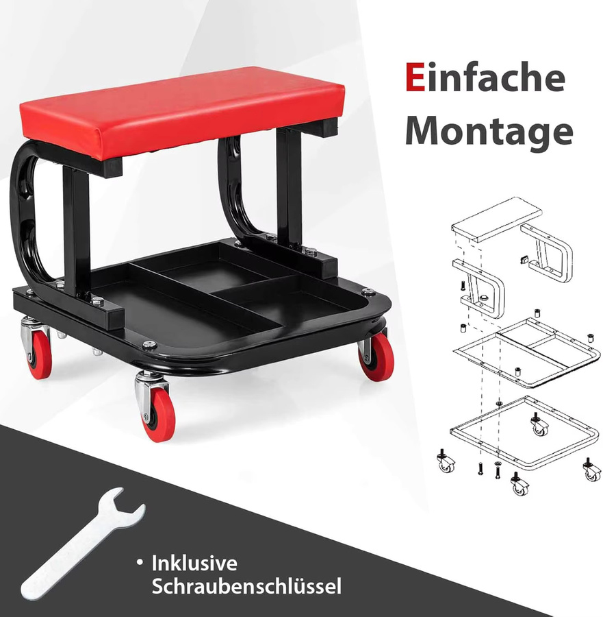 GOFLAME Werkstattsessel mit Rollen und Regal in Rot, Belastbarkeit 150 kg, B/T/H: 38,0 x 36,0 cm - Bild 5