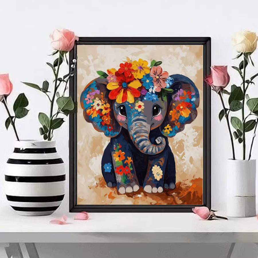 Huacan 5D-Diamantgemälde Elefant mit Blumenkranz, rund, mehrfarbig - Bild 3