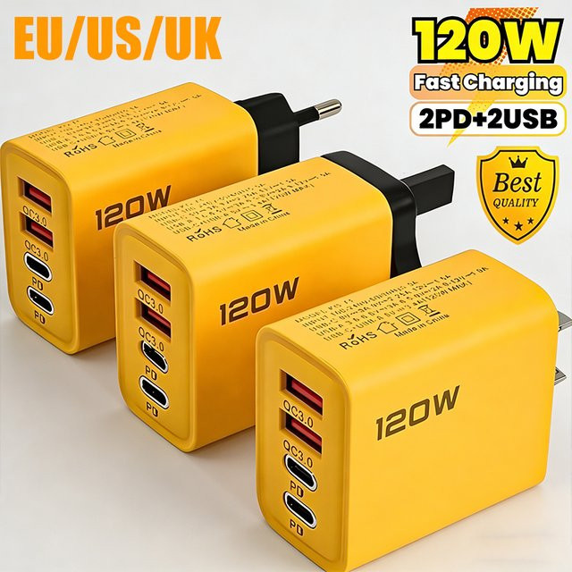 4-Port 120W Schnellladegerät mit PD Quick Charge 3.0 und USB-C für iPhone, Samsung, Xiaomi und Huawei - Bild 1