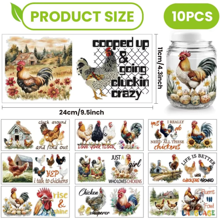 10 Stück PVC-Transferaufkleber mit Bauernhof-Huhn-Motiv und Hühnerei-Muster, UV-wasserdichte Becheraufkleber für 16-Unzen-Gläser, Mehrfarbig - Bild 2