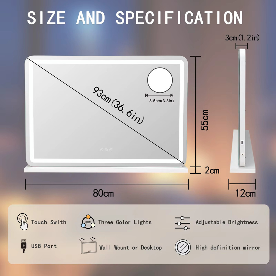 Teousev Hollywood-Schminkspiegel mit LED-Beleuchtung in Weiß, 80 cm Breite, dimmbar mit 3 Farben und Touch-Steuerung, CRI≥90 - Bild 6