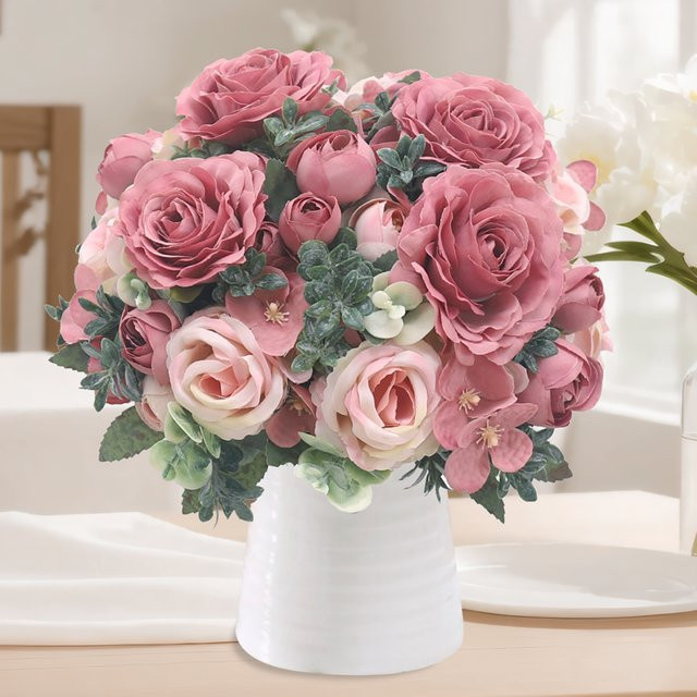 3er Set Kahaul Künstliche Blumen in Pink und Purple, Rosen und Hortensien aus Textil für Hochzeiten, Valentinstag und zur Dekoration von Tisch und Garten - Bild 1