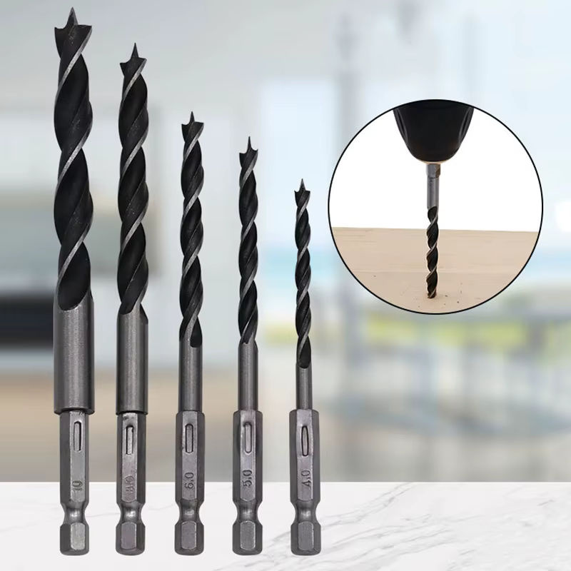Popolle 5-teiliges Set Dreizack-Holzbearbeitungsbohrer mit 1/4 Sechskantgriff für Holz und Metall, Durchmesser: 4 mm, 5 mm, 6 mm, 8 mm, 10 mm - Bild 3
