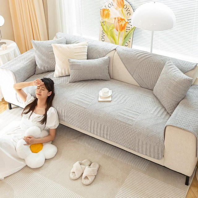 Moderner Chenille-Sofabezug in Grau mit Anti-Rutsch-Funktion, einfarbig und universell passend, B/T/H: 70 x 70 x 0 cm - Bild 1