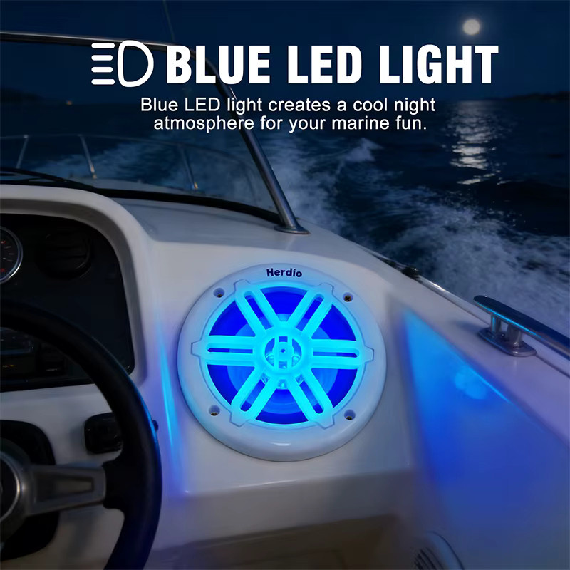 Herdio 8 Zoll Marine-Koaxiallautsprecher mit 450W, IP66 wasserdicht und UV-beständig, Weiß mit blauer LED-Beleuchtung für Boote, ATV und UTV - Bild 2