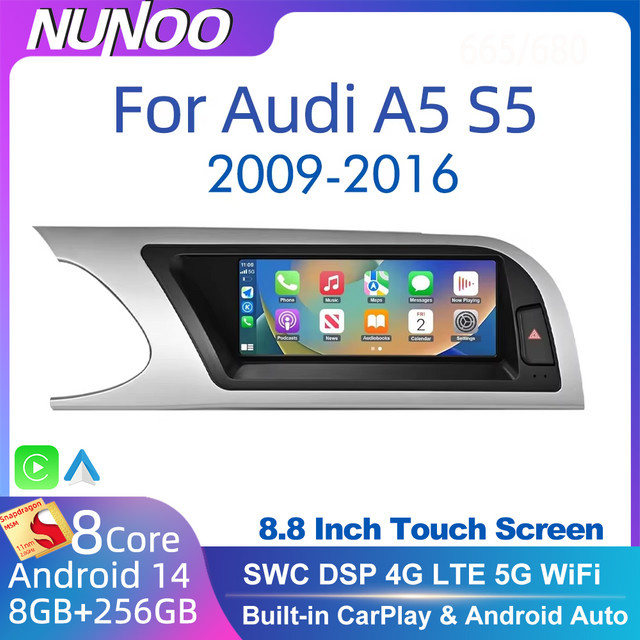 Nunoo Drahtloser CarPlay und Android Auto Multimedia Player mit GPS für Audi A5 S5, 256 GB, Schwarz - Bild 1