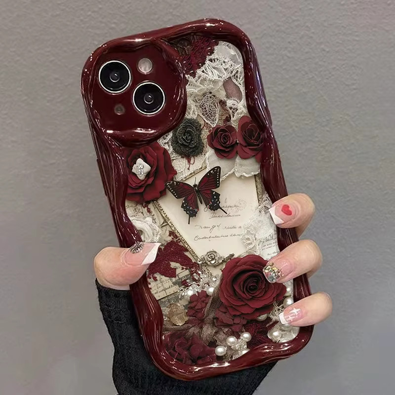 Wolkerfly Handyhülle mit Schmetterlings-Design in Weinrot und Creme für iPhone 11 bis iPhone 17 Pro Max - Bild 3