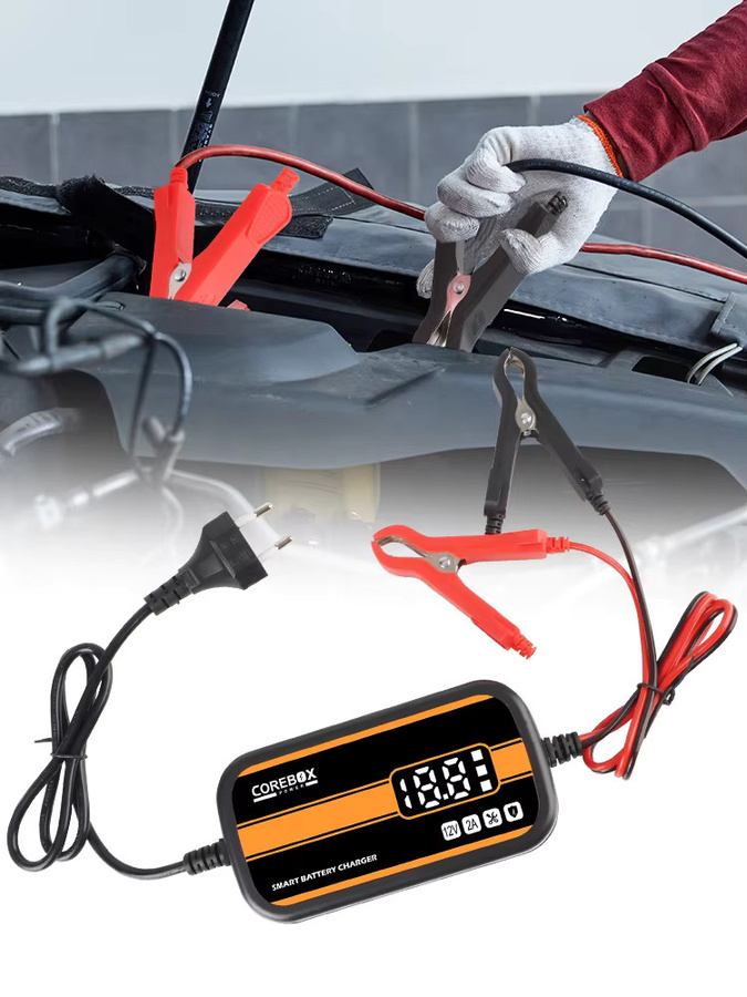 Intelligentes 12V 2A Automatik-Batterieladegerät für Auto, Wohnmobil, ATV und Boot mit LCD-Display, Schwarz-Orange - Bild 3
