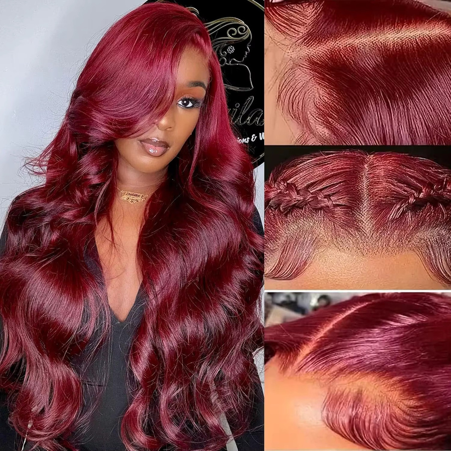 Echthaar-Perücke, 34 Zoll, Burgunderrot, 250% Dichte, Body Wave, HD Lace Frontal - Bild 2