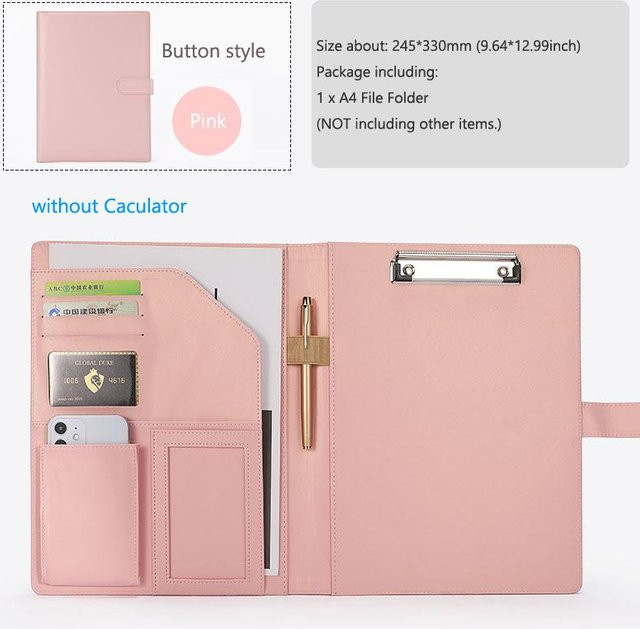 Yiran Furniture A4 Business Padfolio Organizer aus PU Leder mit Klemmbrett und Rechner in Pink - Bild 1