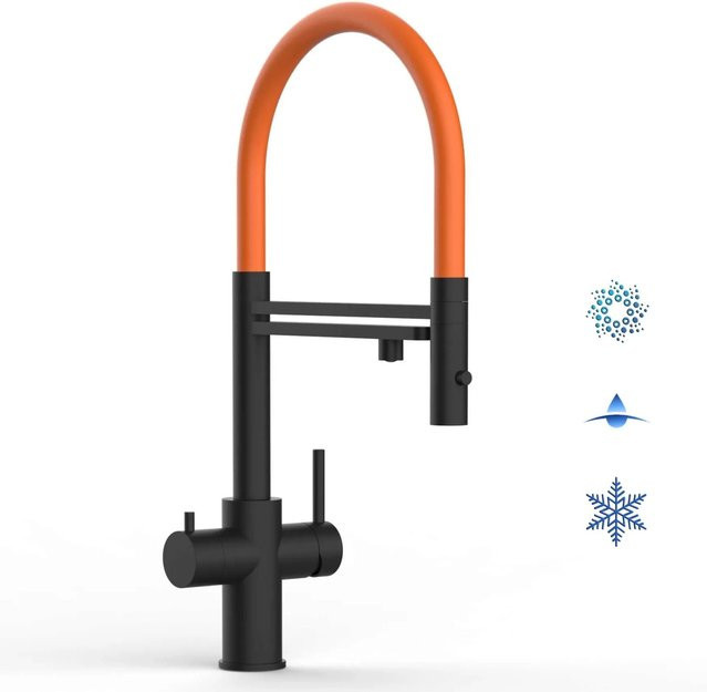 VIZIO Küchenarmatur aus Edelstahl mit 5-Wege-Wasserhahn, 360° schwenkbarem Auslauf und abnehmbarer 2-Strahl-Handbrause, PVD Schwarz Matt mit Orange-Akzenten - Bild 1