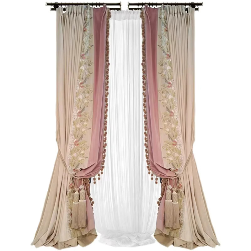 JESSANS Vorhänge im europäischen Prinzessinnen-Stil mit floraler Bestickung und Patches, Farbe: Rosa, semi-transparent, Breite: 100 cm, Höhe: 250 cm - Bild 3