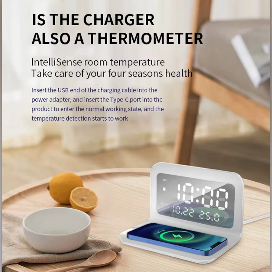 VIKEFON 3-in-1 Kabelloses Ladegerät mit integrierter Digitaluhr in Schwarz - Bild 2