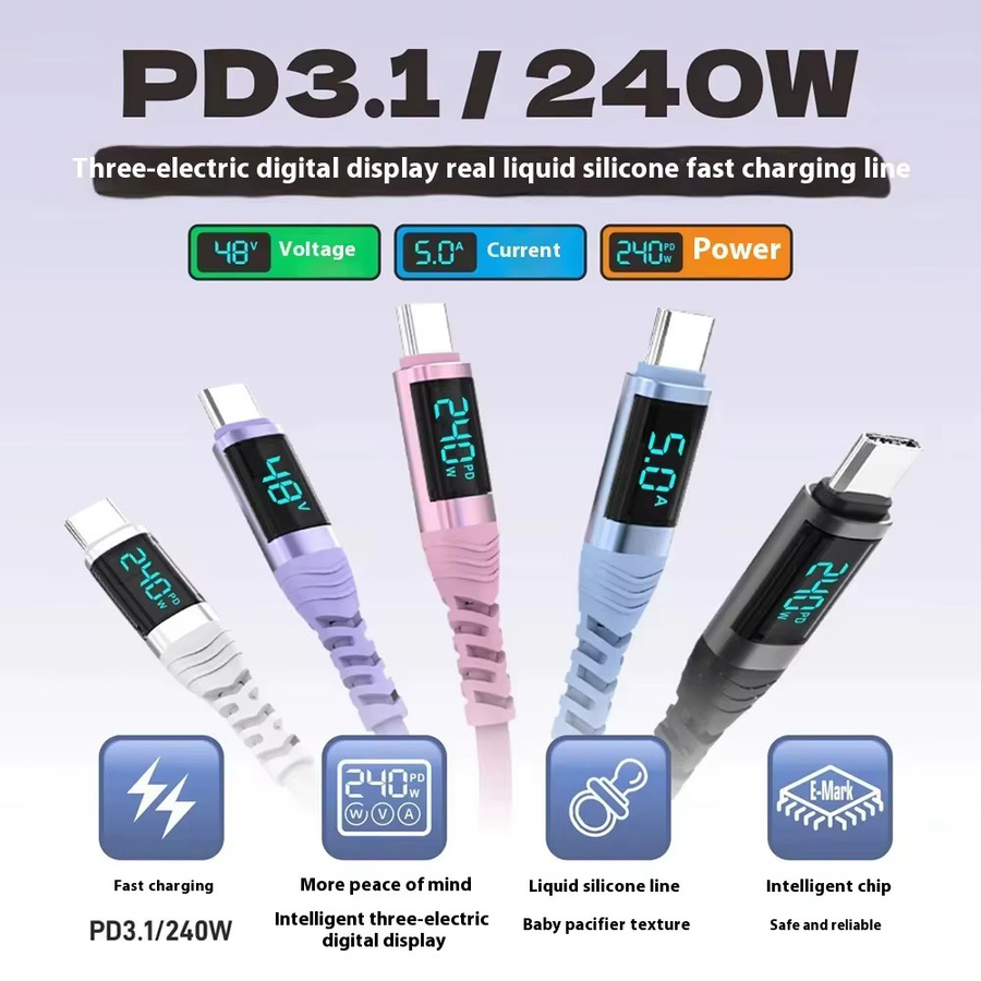 VBNM Silikon USB-C zu Typ-C Schnellladekabel mit Digital-Display, 240W, Weiß - Bild 3